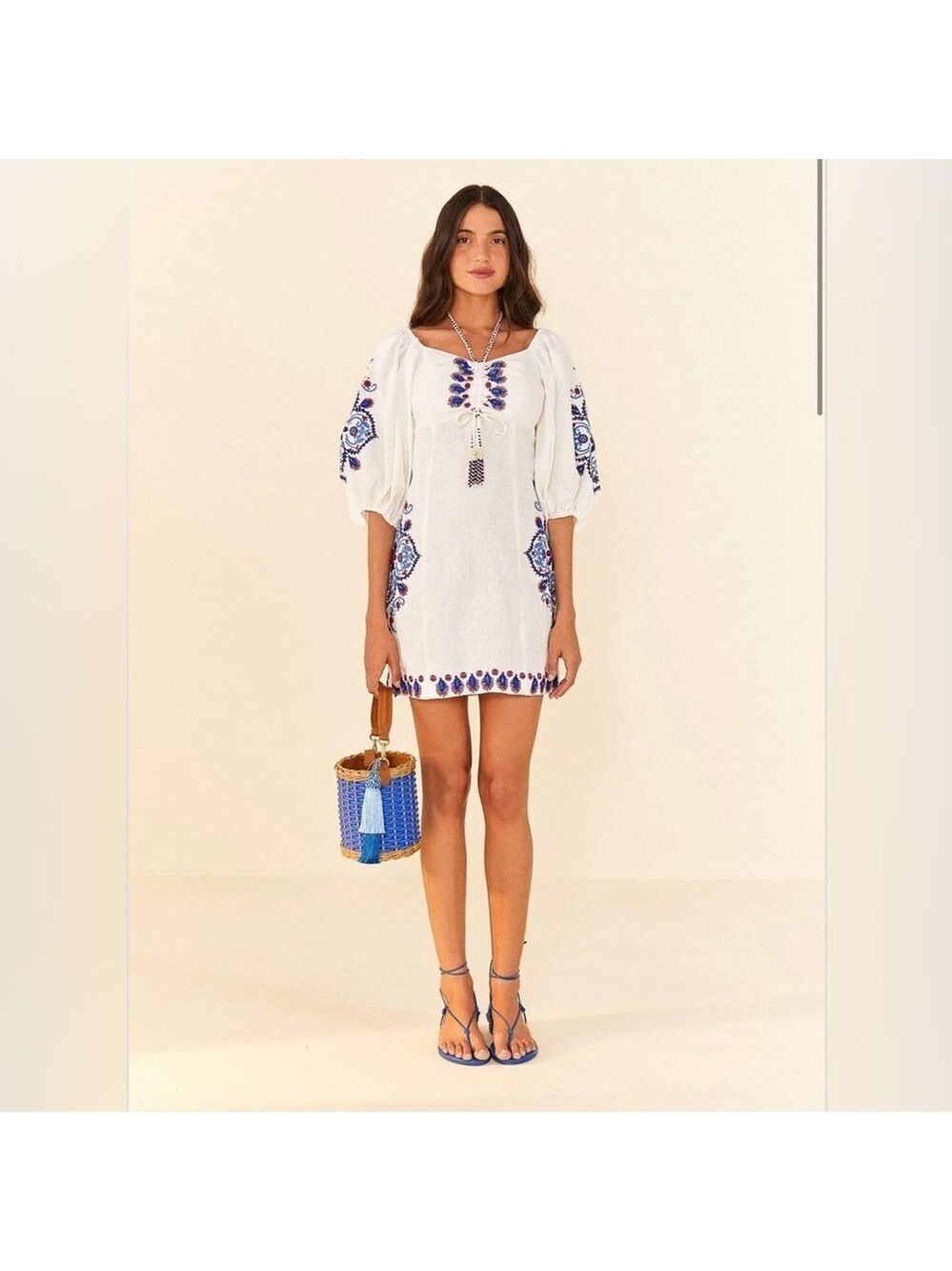 FARM Rio Off-White Navy Embroidery Mini Dress